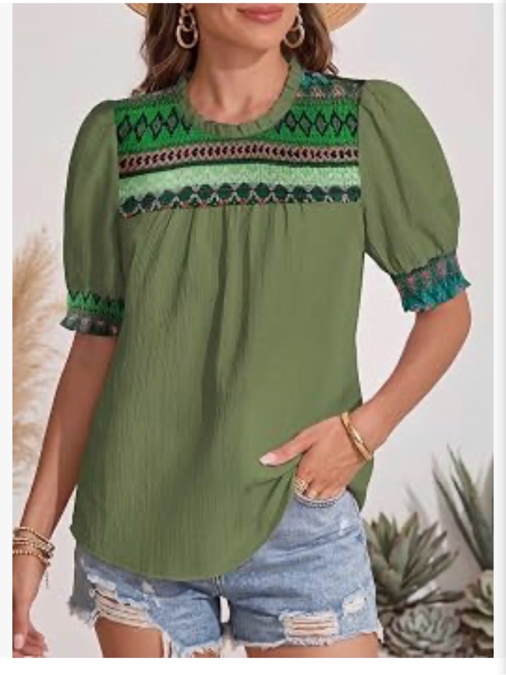 Embroidered Puff-Sleeve Olive Green Blouse